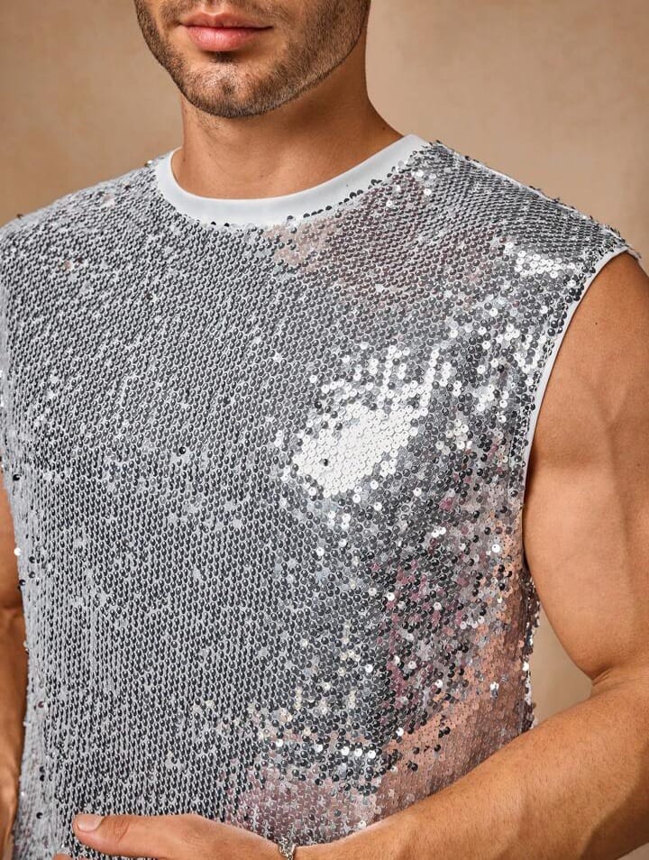 Men's Casual Sequin Knitted Loose Fit Short Sleeve Tank Top
